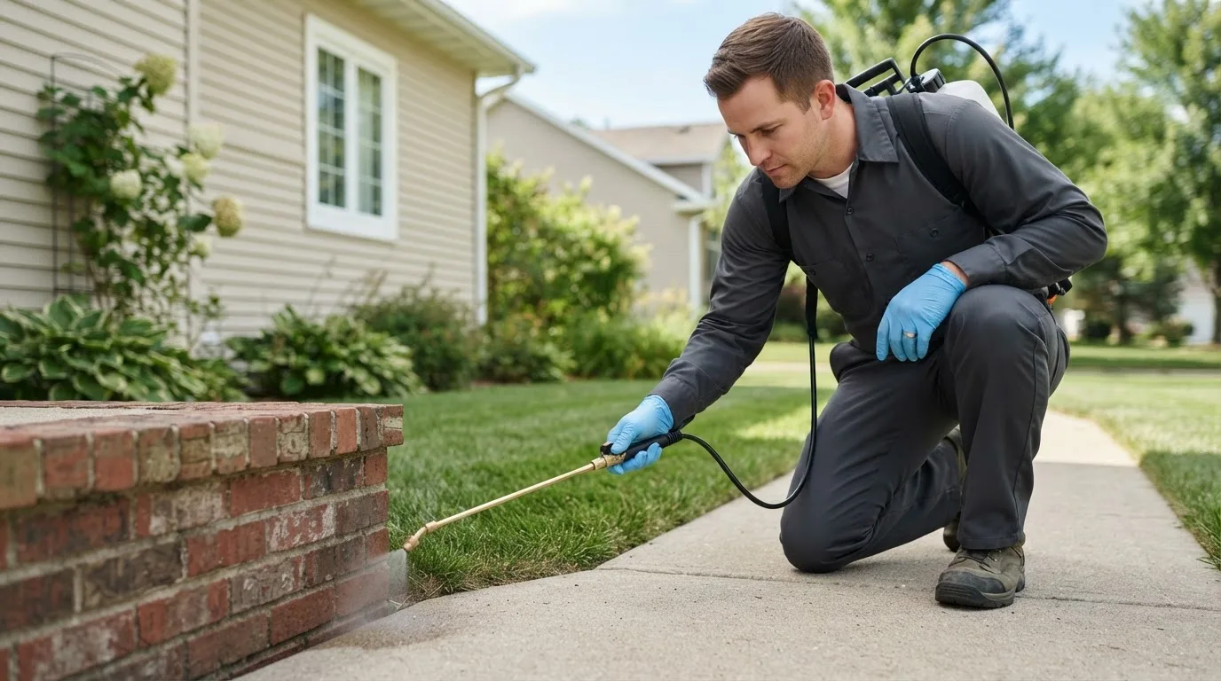 Pest control technician treating a home near Lawrence, MA